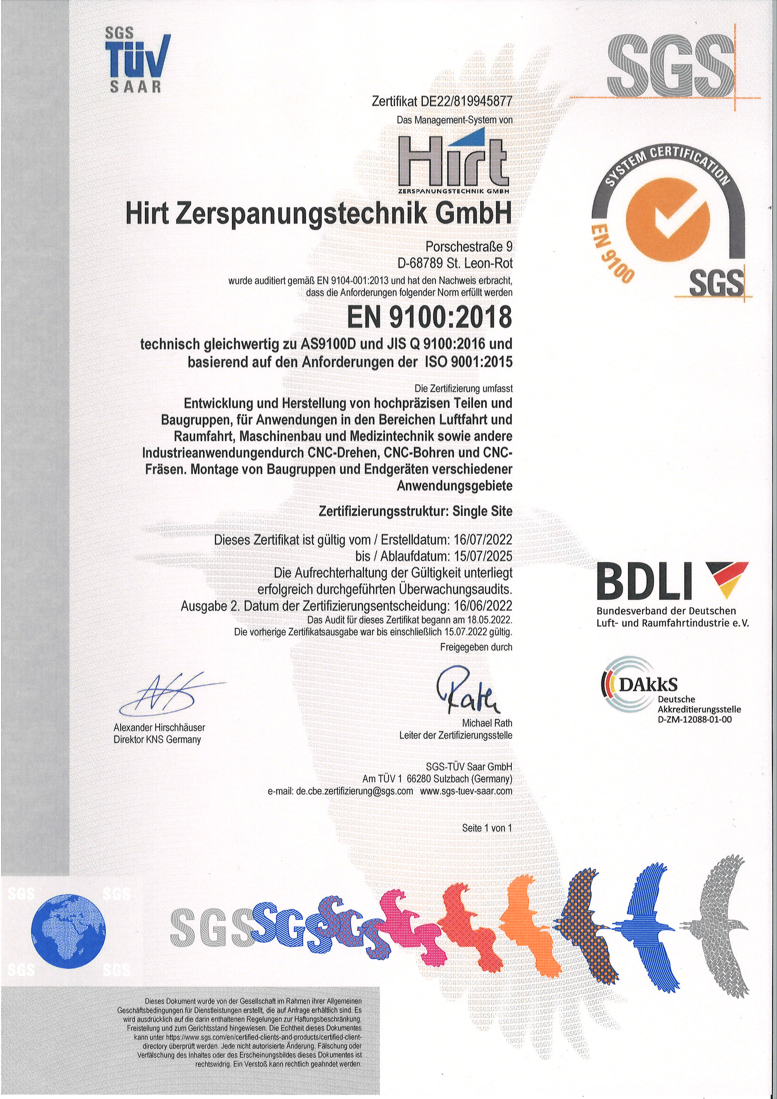 SGS Zertifizierung Hirt Zerspanungstechnik 2022
